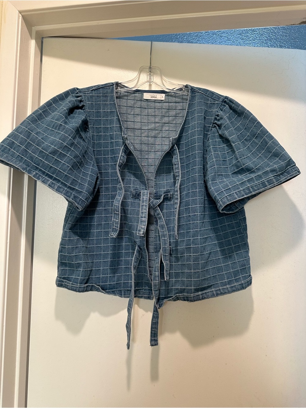 TALULAH Light Blue Grid Tie-Front Top